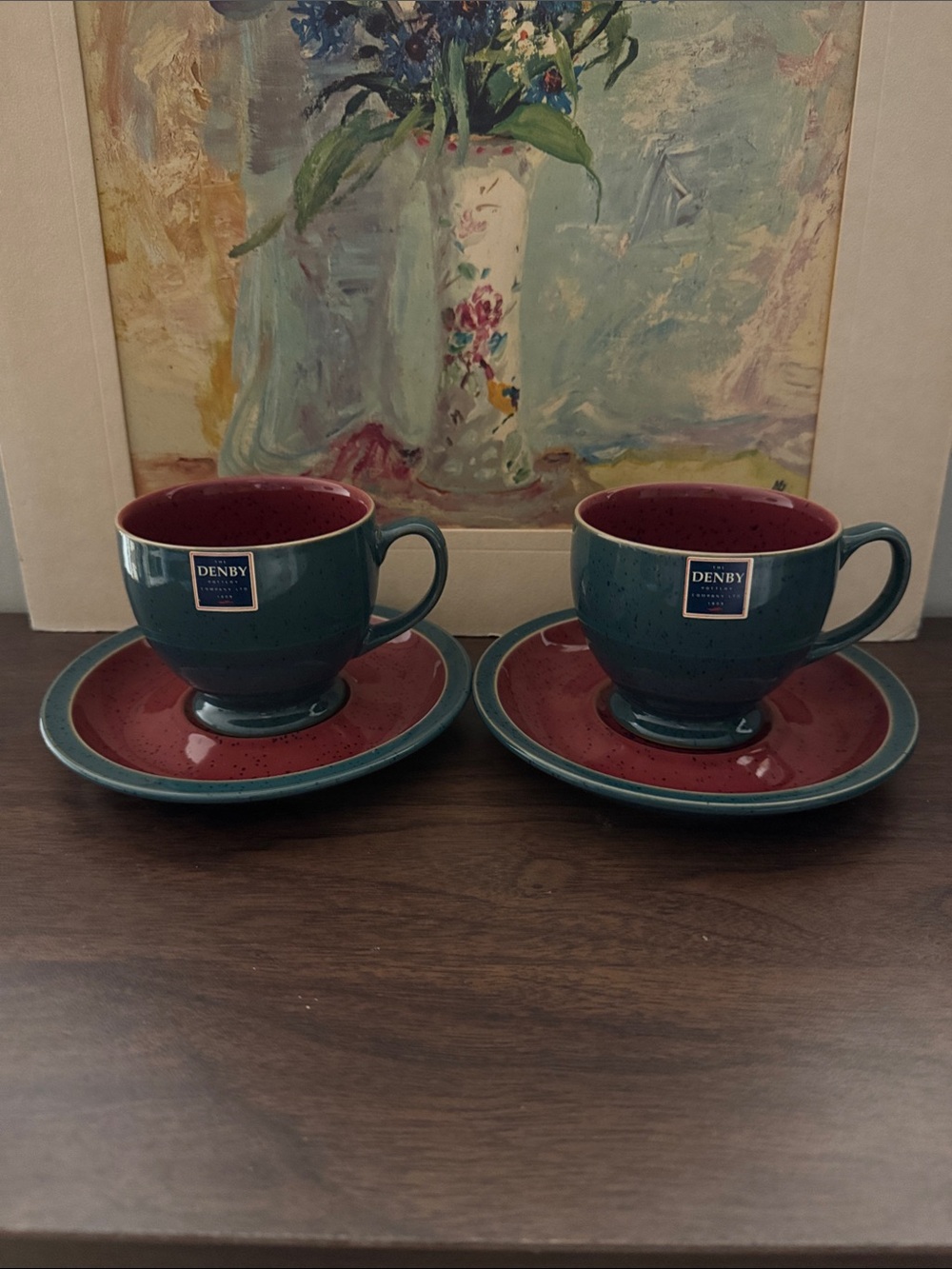 Vintage Denby England Harlequin Teal & Pink Footed Teacup & Saucer Set of 2